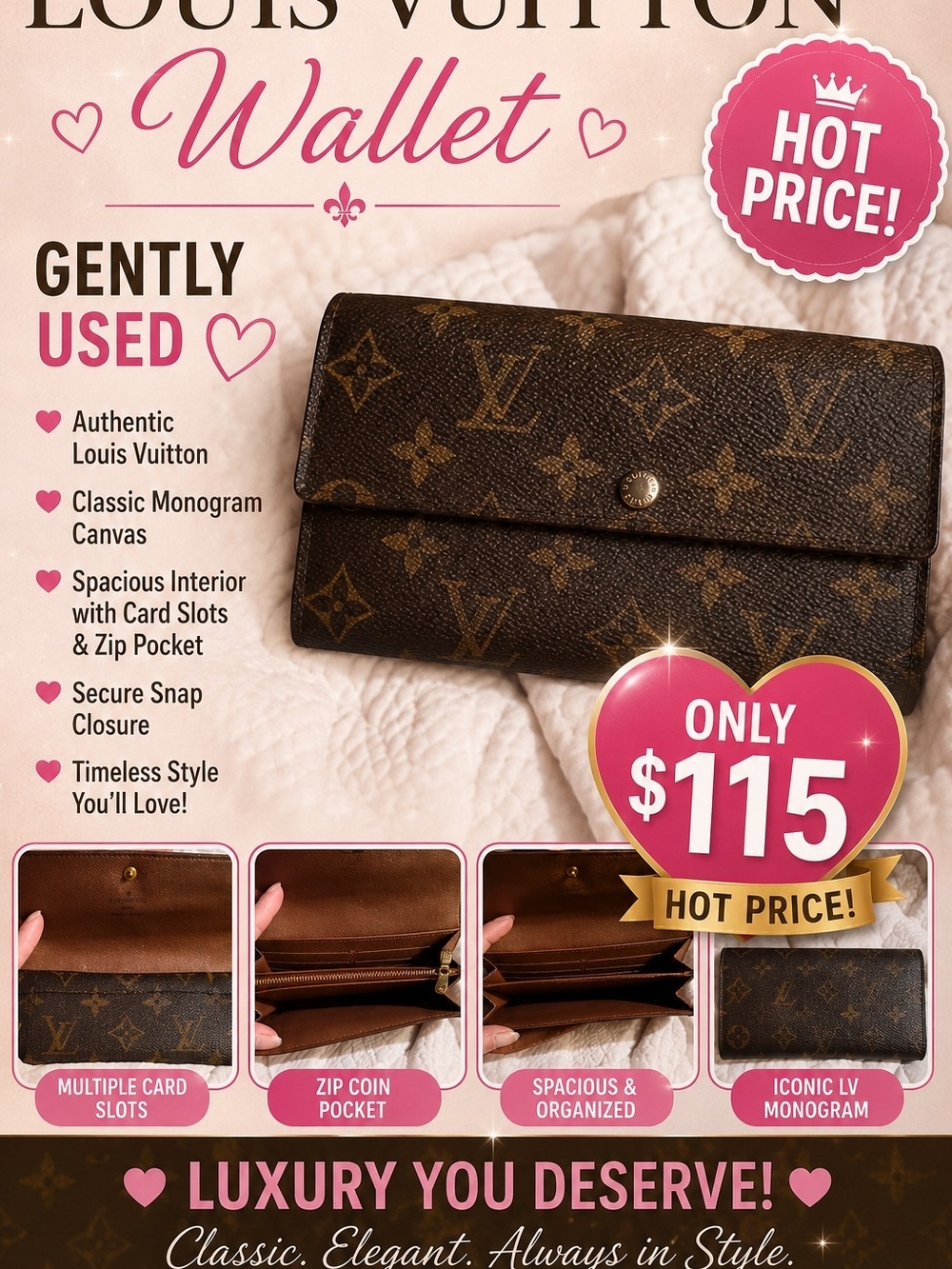Louis Vuitton Brown Monogram Canvas Wallet - Classic LV Pattern